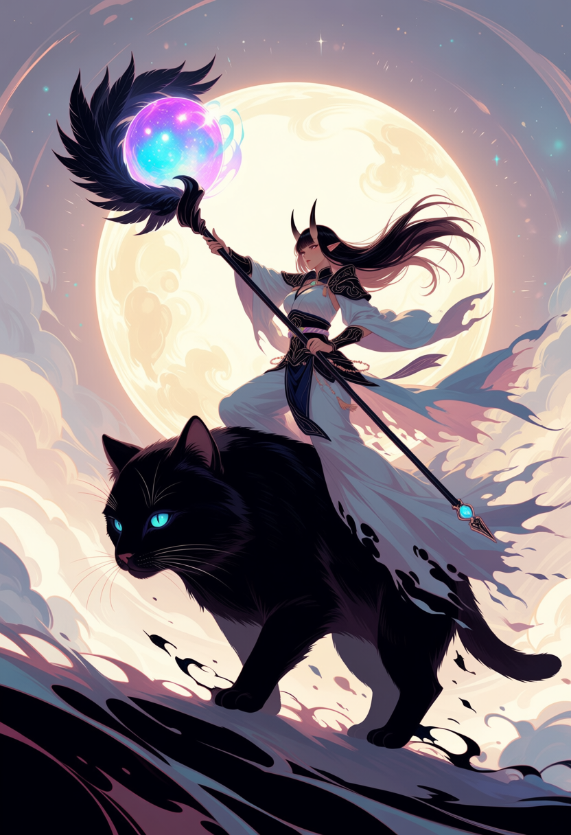 graceful, score_9, holding a dark feathered staff with a glowing cosmic infused crystal orb, tattered skirt dissolving into shadows, dynamic composition, black horns, masterpiece. [(by alphonse_\(white_datura\):1.3)|(by kana616:0.8)], cinematic composition, sharp lineart, man riding on top of big cat, dramatic lighting, detailed costume design, celestial sun and moon sealed in ink mist, beautiful eyes, very aesthetic, best quality, vibrant magical effects, best lighting, Fantasy_eyes, dynamic layout, oni, minimalist pastel palette, masterpiece, ethereal glow, (by kinokohime:1.2), side_view