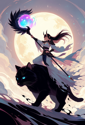 graceful, score_9, holding a dark feathered staff with a glowing cosmic infused crystal orb, tattered skirt dissolving into shadows, dynamic composition, black horns, masterpiece. [(by alphonse_\(white_datura\):1.3)|(by kana616:0.8)], cinematic composition, sharp lineart, man riding on top of big cat, dramatic lighting, detailed costume design, celestial sun and moon sealed in ink mist, beautiful eyes, very aesthetic, best quality, vibrant magical effects, best lighting, Fantasy_eyes, dynamic layout, oni, minimalist pastel palette, masterpiece, ethereal glow, (by kinokohime:1.2), side_view
