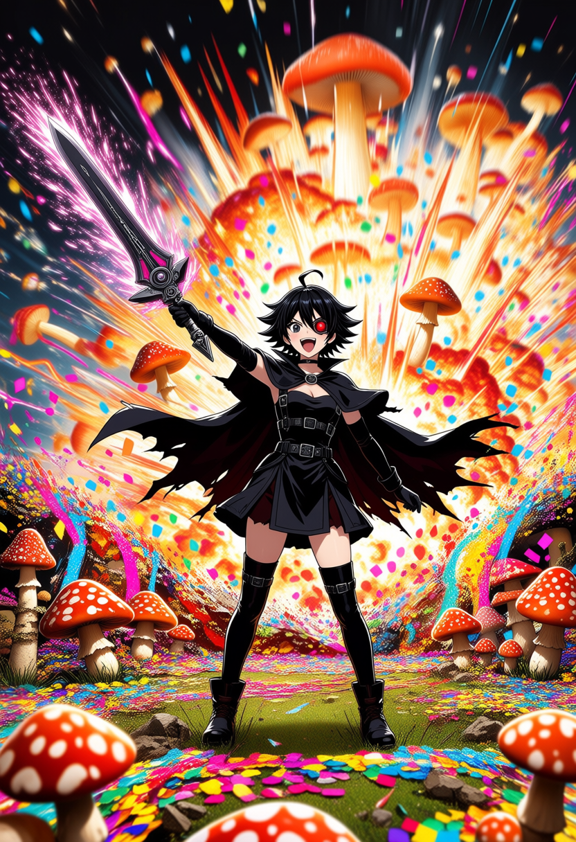 newest, explosion, holding demon sword, random, (blurry:1.4), torn cape, action lines, filling the whole scene with all kinds of different magical energy, opening wine, real life photography, mushrooms, showing goddess, harness, ahoge, spiked hair, high-res illustration, local color adaptation, black capelet, black hair, short hair, joyful, silly, weird, 1girl, mechanical eye, a world exploding in confetti perfection