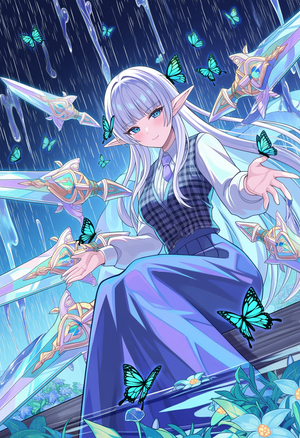 masterpiece, amazing quality, love takes form, foreshortening, @Yoneyama_Mai Aka-Oni, elf ears, butterflies dance without a care, hand outstretched, dutch angle, absurdres, sitting, plaid vest, intricate weapon design, imagination, very aesthetic, Anime-art, geometric accents, dynamic pose(Close-Up), newest, straight bangs, long skirt, floating weapon around body, flat color, heavy rain pouring down, high contrast, best quality